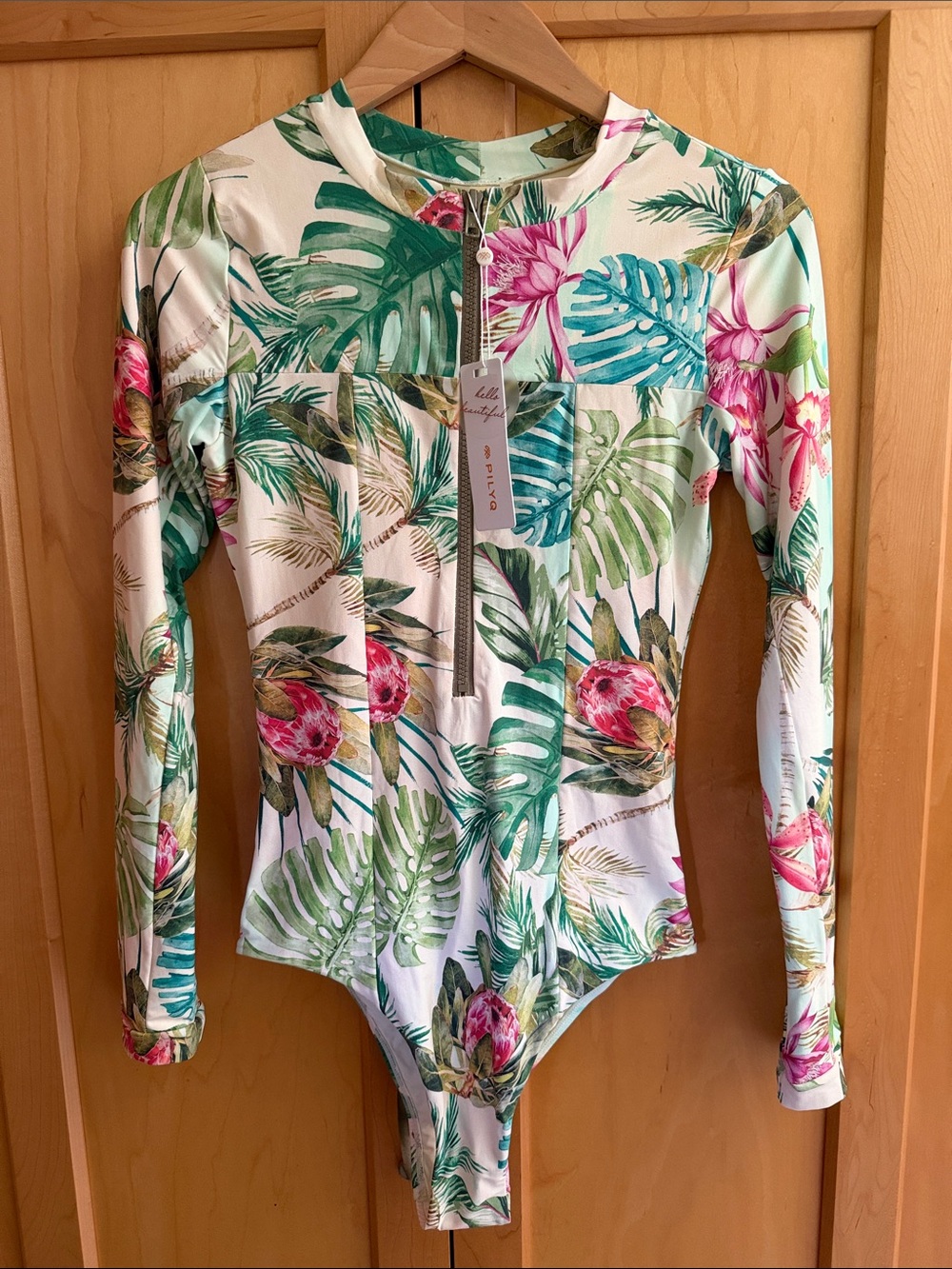 NWT Pilyq Tropical Floral Long-Sleeve One-Piece Swimsuit / Rash Guard / Size S